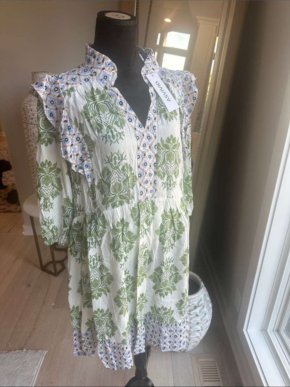 Relaxed White and Green Floral Ruffle-Trim Midi Dress